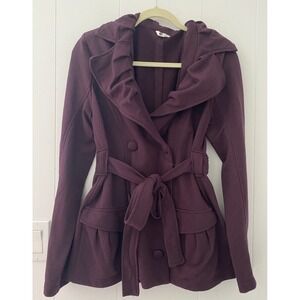 Kut From The Kloth Trench Coat Ruffled Collar Double Belt Purple Sz L (runs Med)